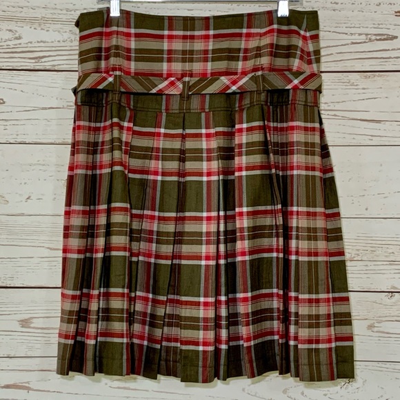 Escada Plaid Tartan Pleated Double Buckle MIDI Skirt Olive Green Red - Picture 7 of 16